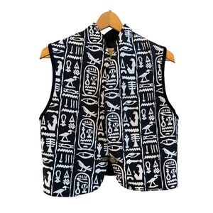 Vtg Black/White Wmns Leather Trim M Wearable Art Egyptian/Hieroglyph Print Vest